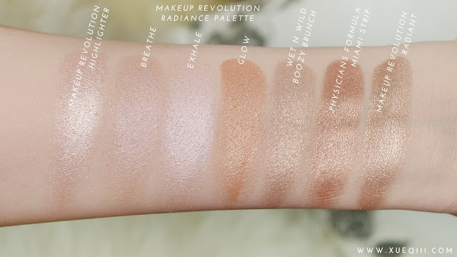 Drugstore / Affordable Highlighters - Makeup Revolution Highlighter, Radiance Palette (Breathe, Exhale, Glow), Wet n Wild Boozy Brunch, Physicians Formula Miami Strip, Makeup Revolution Radiant