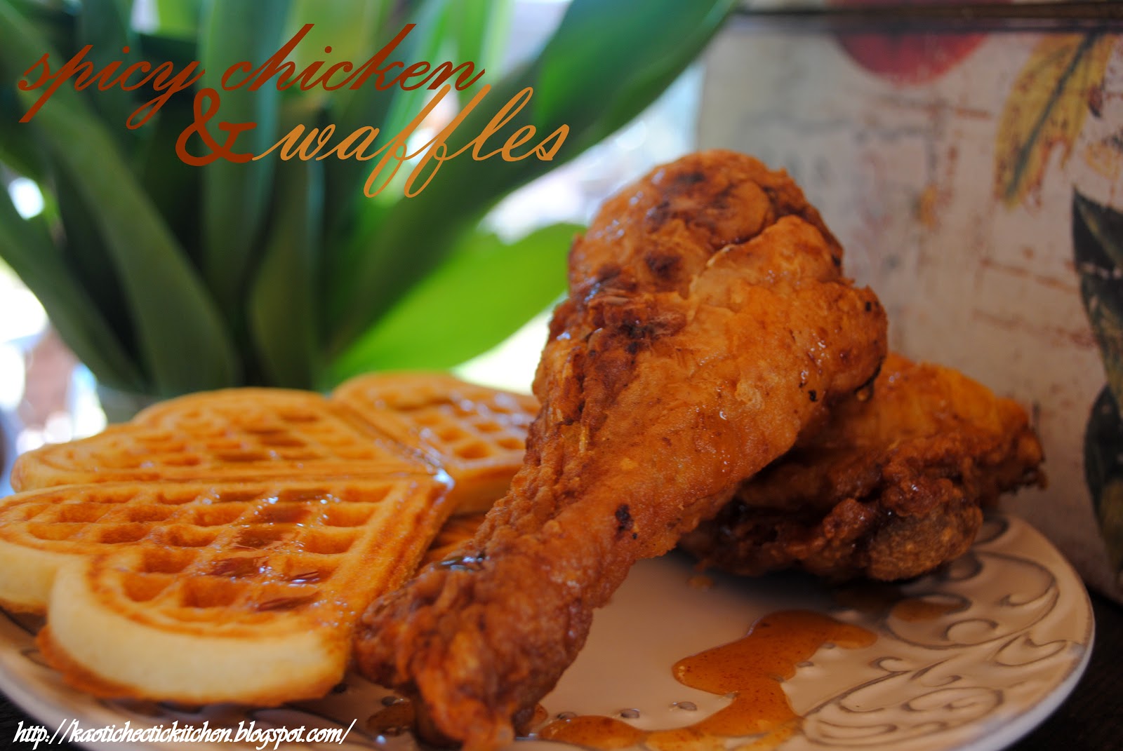 spicy chicken and waffles with honey butter and a spicy honey syrup..