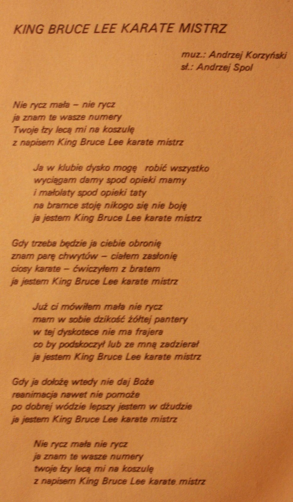 King Brus Li Karate Mistrz Tekst