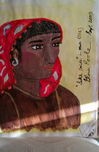 Sikh bride in news; sketch by Gloria Poole , in 2009 Sikh bride in news, sketch created by Gloria Poole of Missouri; yr 2009