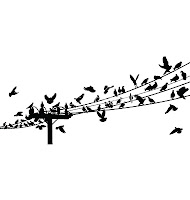 black and white drawing of birds sitting on power lines