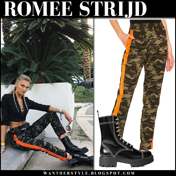 Romee Strijd in camo army pants and black combat boots at Coachella