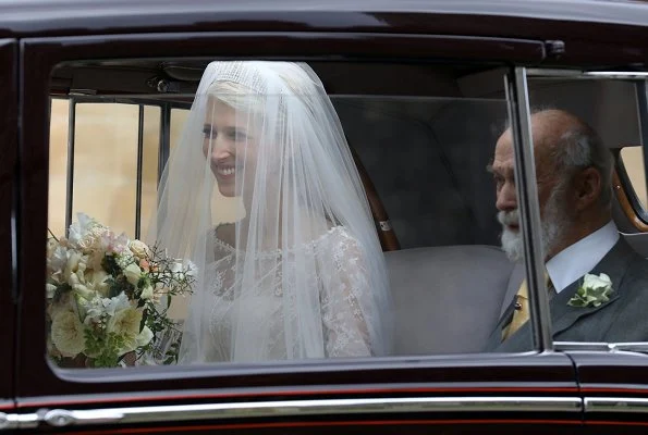 Lady Gabriella wore a bespoke dress designed by Luisa Beccaria, diamond tiara. Prince Harry, Pippa Middleton, Queen Elizabeth