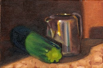 Oil painting of a zucchini beside a small silver-plated jug.