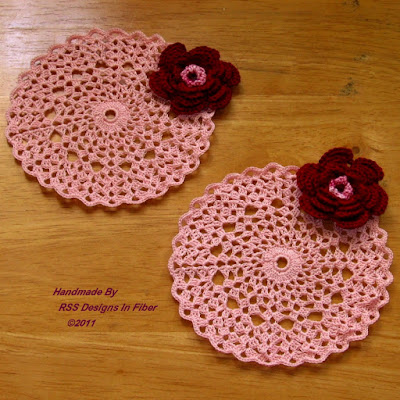 Red Rose on Pink Crochet Coasters - Handmade Crochet By RSS Designs In Fiber
