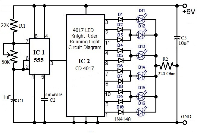 Hobby in Electronics: 4017 LED Knight Rider Running Light Circuit Diagram