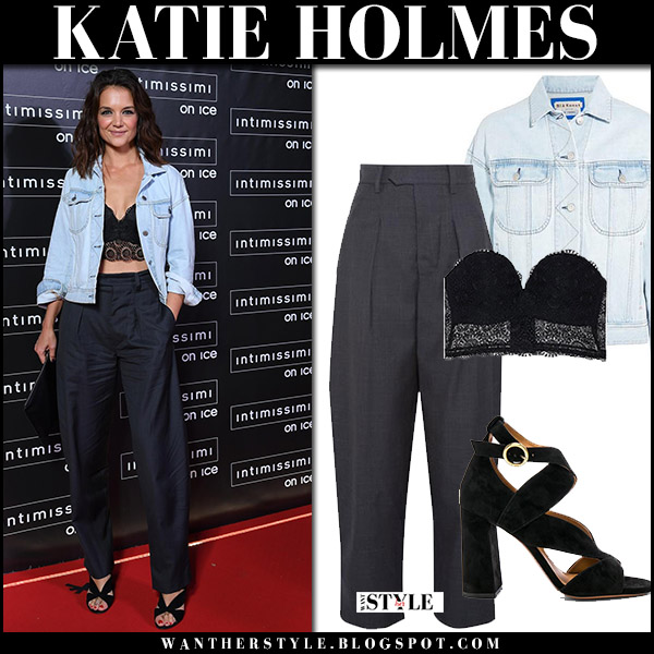 Katie Holmes in denim jacket, black lace bandeau top and black wide leg