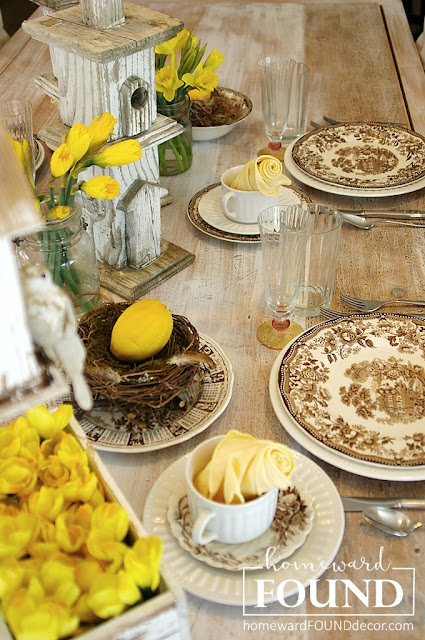 vintage staffordshire china spring tablescape in brown and yellow with nests by homewardFOUND decor
