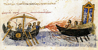 Pintura que representa el fuego griego como arma de constantinopla