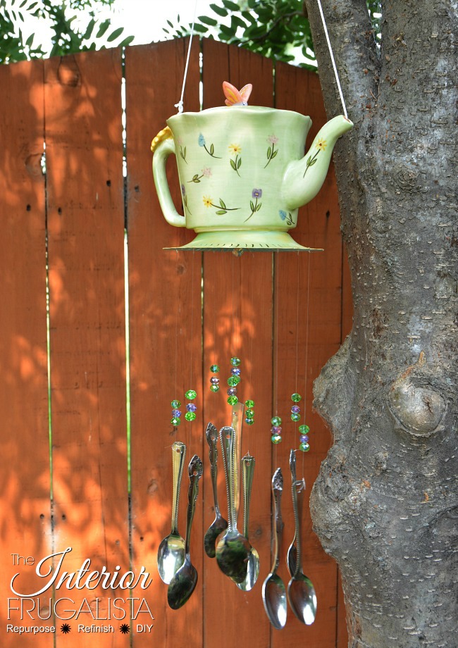 An adorable Recycled Teapot Wind Chimes idea with repurposed thrift store silverware. Budget-friendly Spring and Summer garden decor or handmade gift.