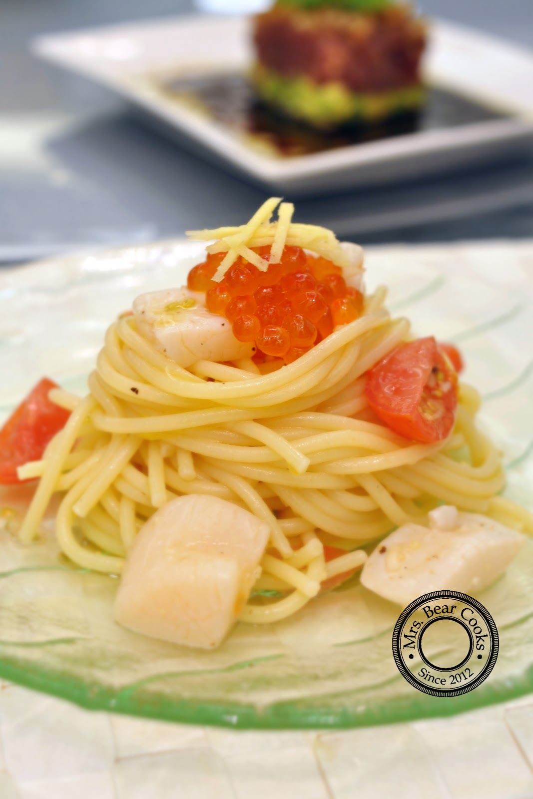 Mrs. Bear Cooks Scallops and Salmon Roe Cold Pasta
