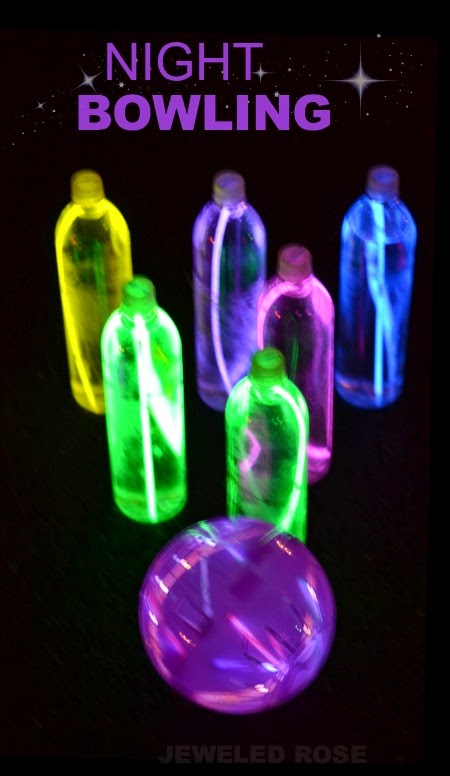 Night bowling- a super fun activity for Summer. The glowing ball and pins are easy to make, too!