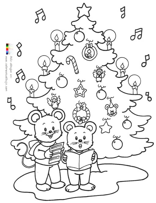 Ratoncitos cantando junto a árbol de navidad para colorear e imprimir - COLOREA TUS DIBUJOS