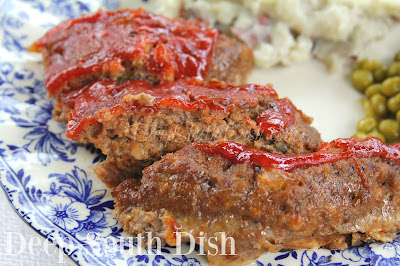 Southern style meatloaf, made with ground chuck, onion and sweet bell pepper and finished with a brown sugar ketchup glaze.