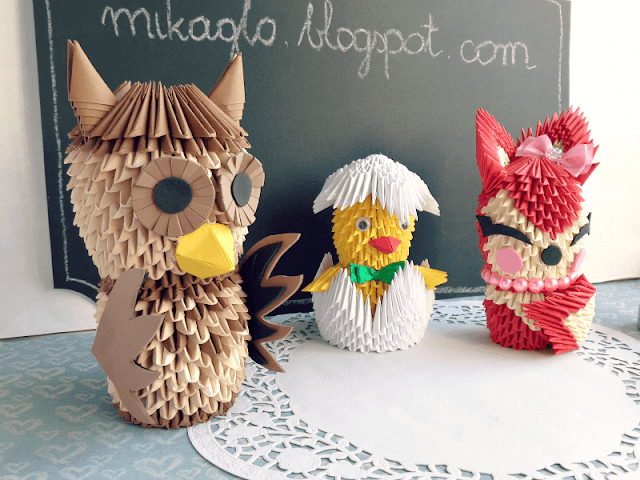 origami modulowe, mikaglo, sowa, lis, kurczak