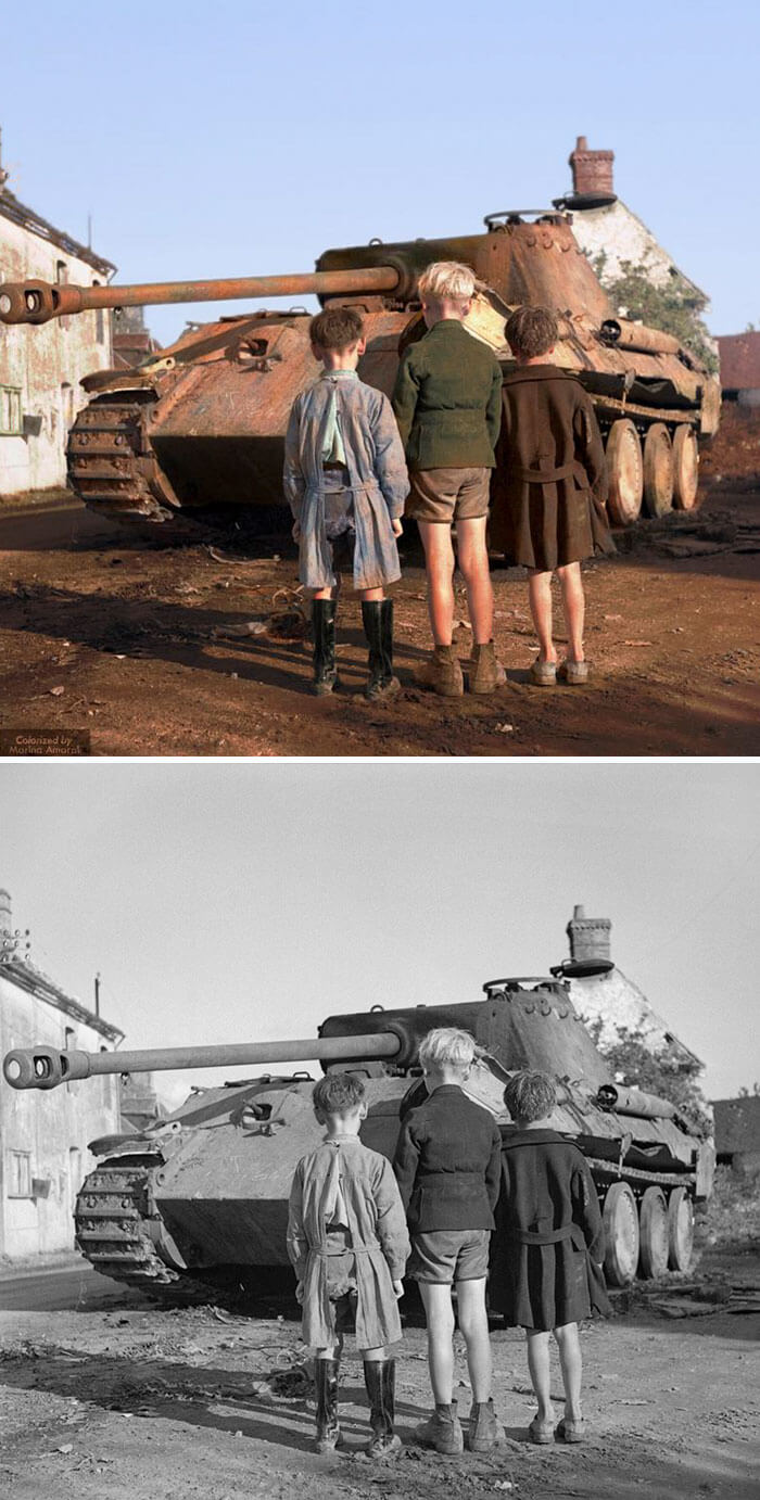 Digital Artist Colorizes The Last Heartbreaking Pictures Of A 14-Year-Old Polish Girl In Auschwitz - Three French Boys Looking At A Knocked-out German Panther Tank