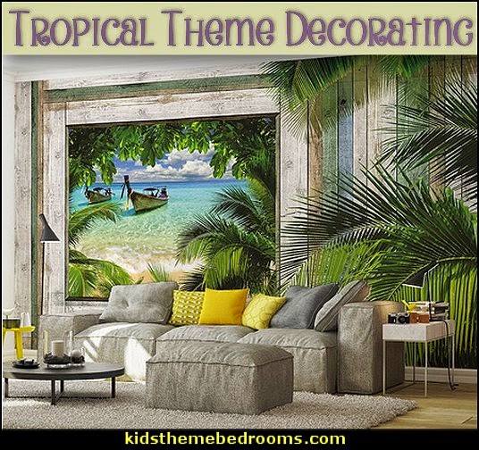 Tropical beach style bedroom decorating ideas - beach bedrooms - surfer theme rooms - tropical theme Hawaiian style decorating - raffia valance window ideas - tropical bedding - tropical wall murals - palm trees decor