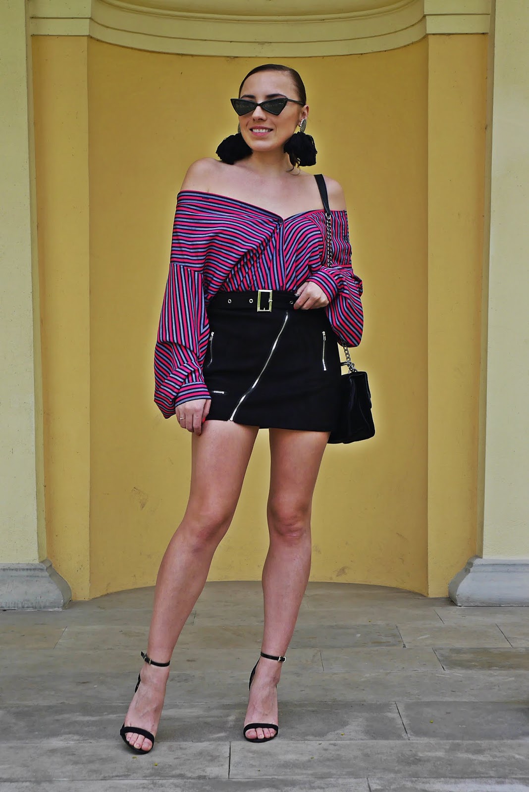 asymetric skirt black bag heeels atmosphere outfit stripes shirt fashion blogger karyn