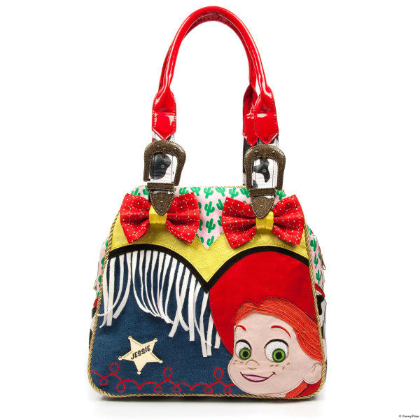Irregular Choice Disney Toy Story Yodel Lay Hee Hoo bag front view of handbag in denim with red bows, white fringing, Western buckles on handles and Toy Story Jessie applique face