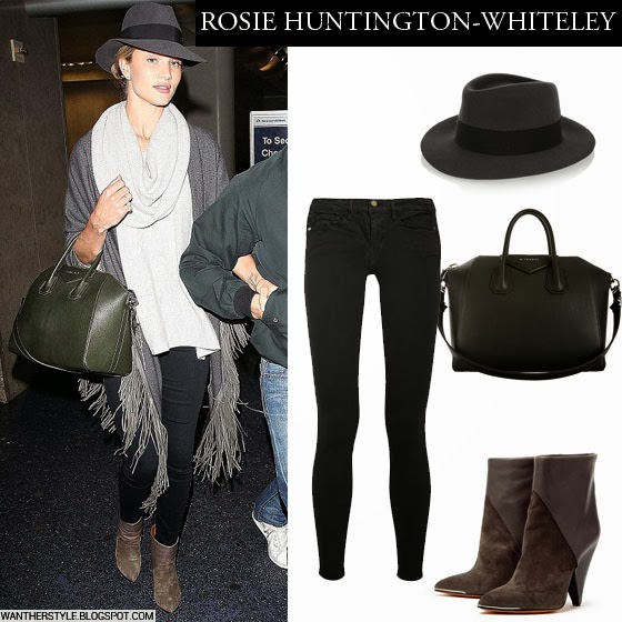 WHAT SHE WORE: Rosie Huntington-Whiteley in grey fedora with black ...