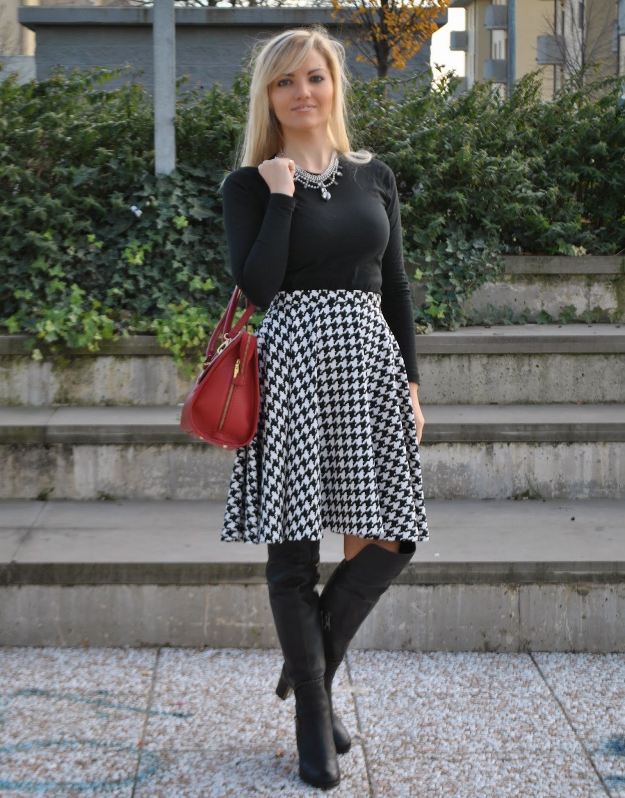 Color-Block By FelyM.: OUTFIT: PIED DE POULE ROUND SKIRT OVER KNEE ...