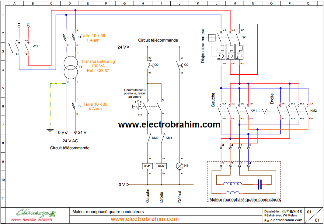 دائرة تشغيل محرك 220v فولط احادي الطور على اتجاهين Inversion Moteur Monophase Quatre Conducteurs