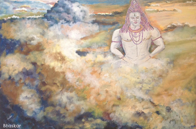 Acrylic painting on Canvas of Lord Shiva meditating on cloud