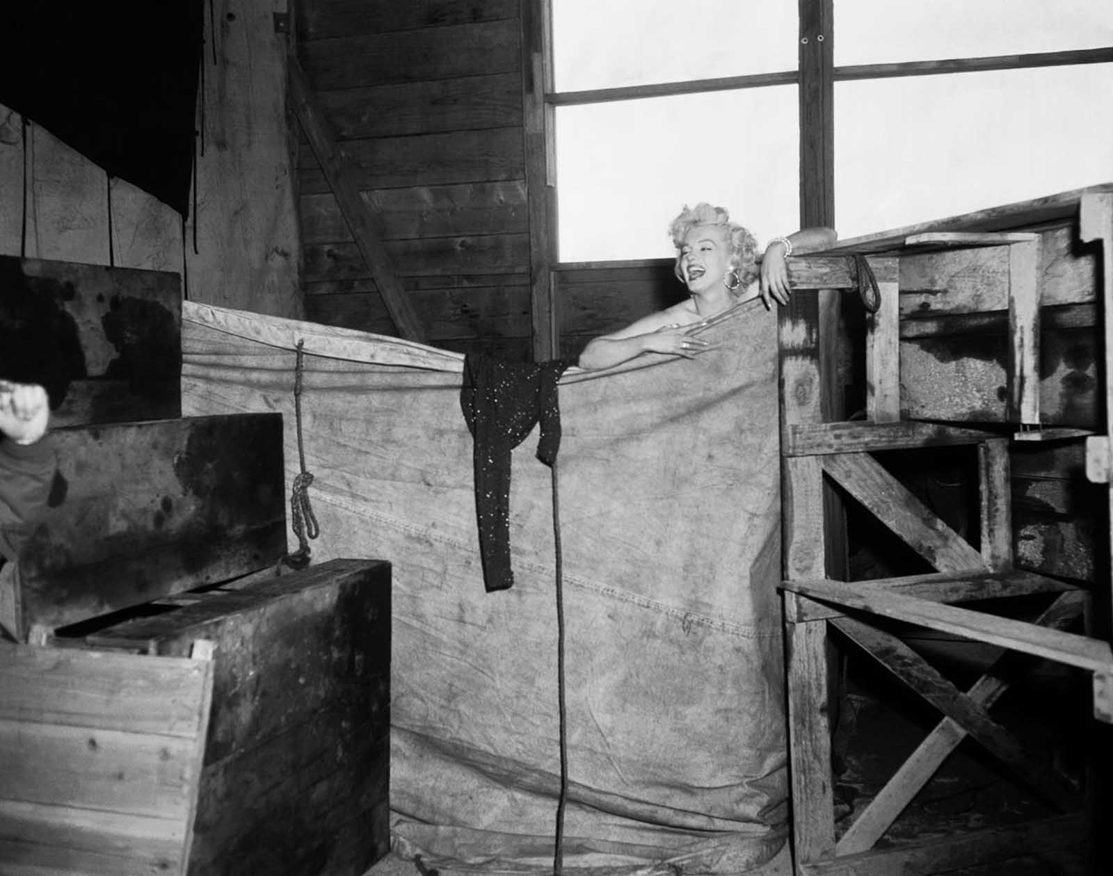 Monroe in her makeshift dressing room at an airbase in Chuncheon.