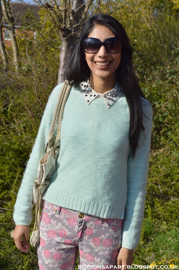 a picture of floral print jeans and mint green jumper 