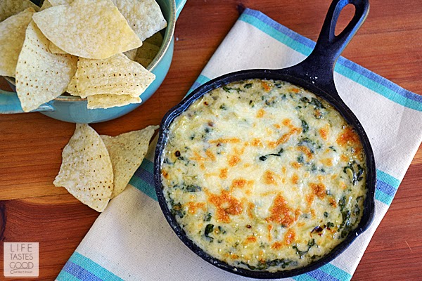 Spinach, artichokes, & a creamy, cheesy Mornay sauce make up this Spinach Artichoke Dip by Life Tastes Good. A tasty appetizer that is quick and easy to make in a skillet.