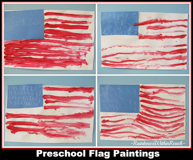 photo of: Flag paintings by young children, preschool patriotism