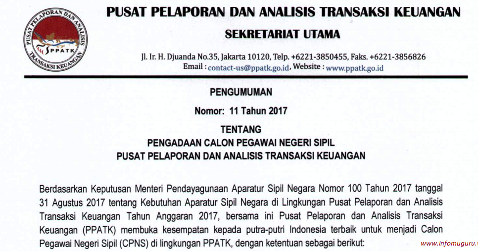 Formasi CPNS PPATK 2017 INFORMASI UNTUKMU GURU