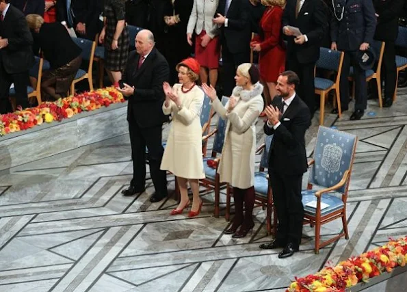 Queen Sonja, Princess Mette Marit, Prince Haakon attend the Nobel Peace Prize Ceremony 2012 at Oslo City Hall in Oslo