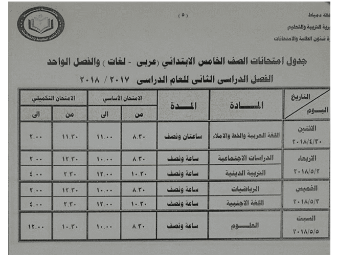 جداول امتحانات آخر العام الترم الثانى محافظة دمياط جداول امتحانات آخر العام الترم الثانى محافظة دمياط