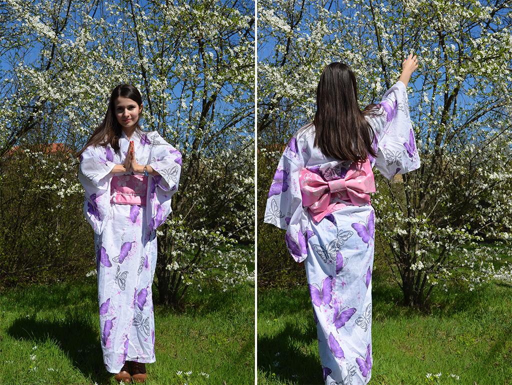 yukata cu fluturi mov si funda roz cu flori de cires primavara yukata cu fluturi mov si funda roz cu flori de cires primavara