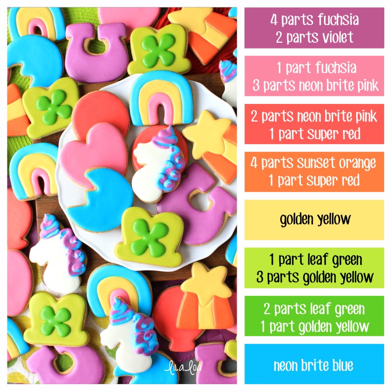 Fortunate Charms decorated sugar cookies with rainbow colored icing and color formulas
