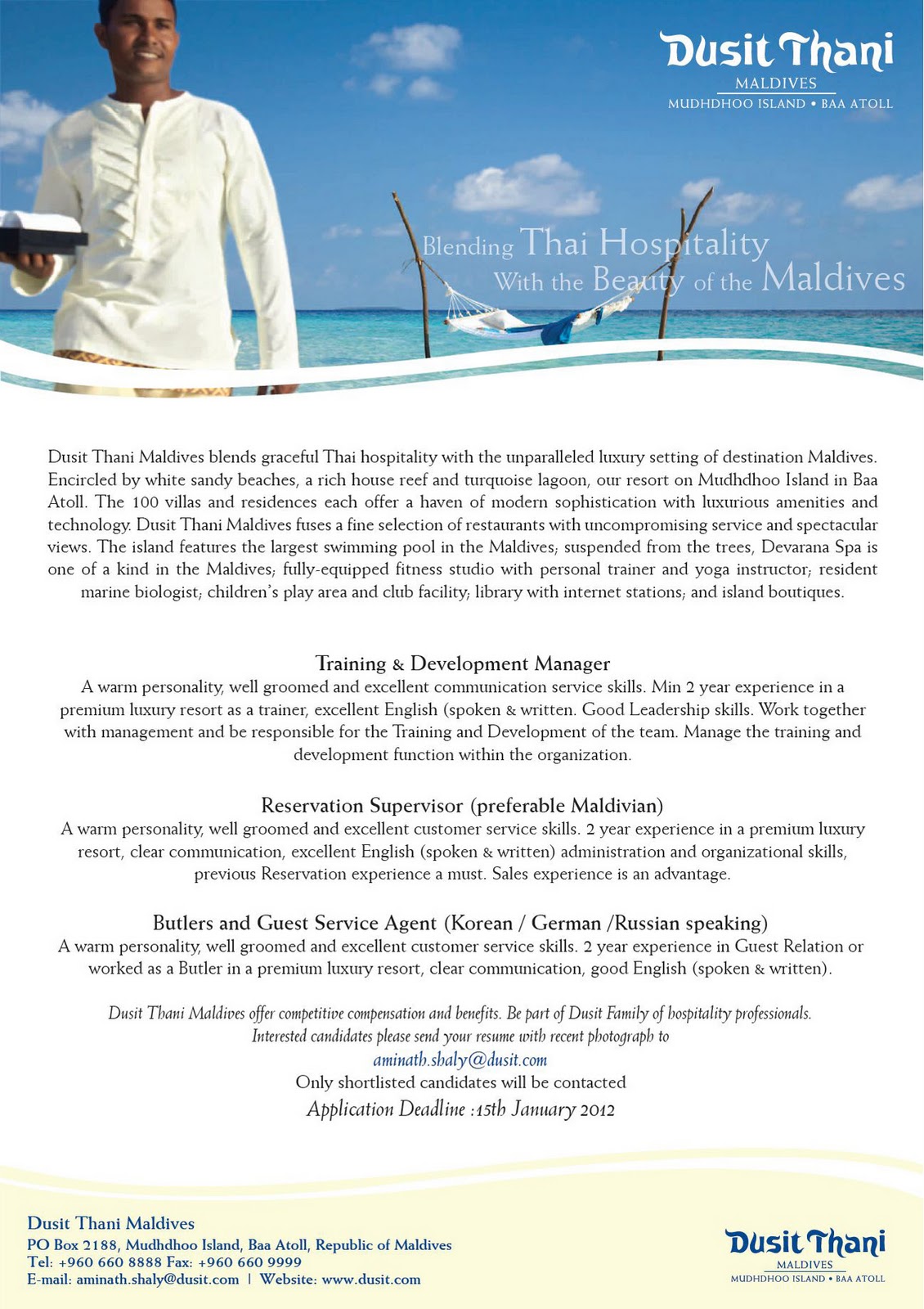 Job Maldives Fresh Jobs in Maldives Reservations Coordinator jobs