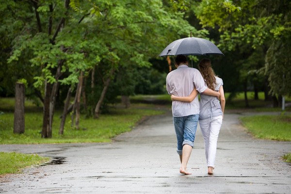 Romantic Photos of Couple Walking Together in Rain