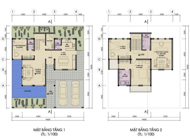 Mặt bằng tầng 1, 2 biệt thự đơn lập Foresa Villa Mặt bằng tầng 1, 2 biệt thự đơn lập Foresa Villa
