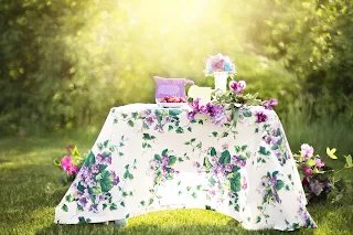 summer picnic table with full dressing for party 