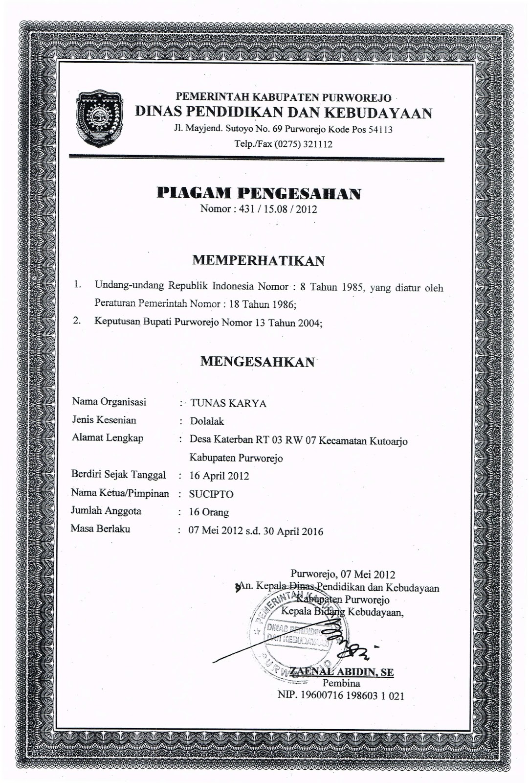 Dolalak Putri Tunas Karya Piagam Pengesahan TUNAS KARYA