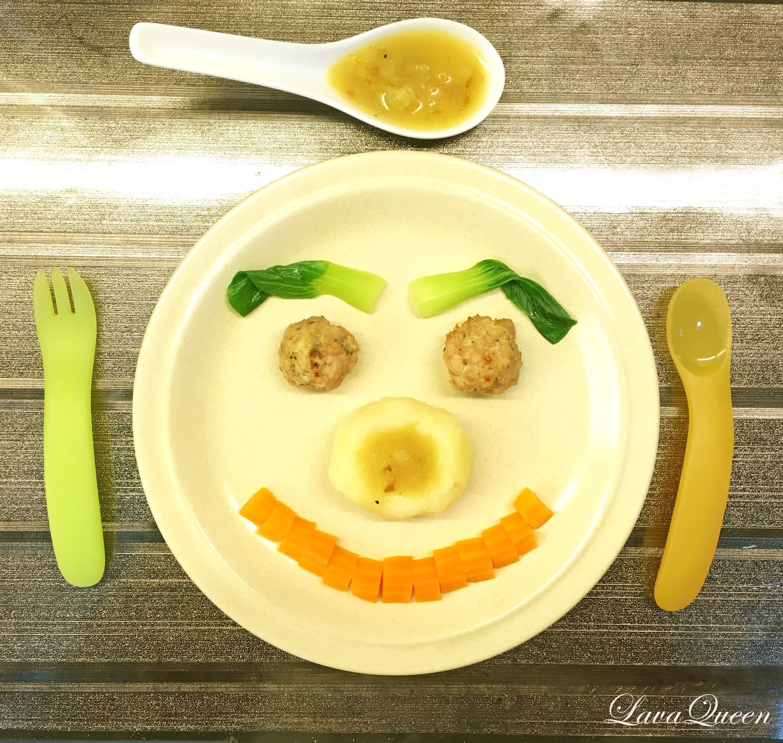 BAKED MEATBALLS V MASHED POTATO & CARROT Lava Queen