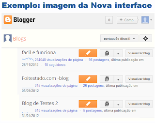 imgem pagina inicial do blogger na nova interface que configurações ficam ocultas