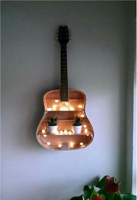 home decor-wall decoration ideas Old guitar you can reuse as a book shelves