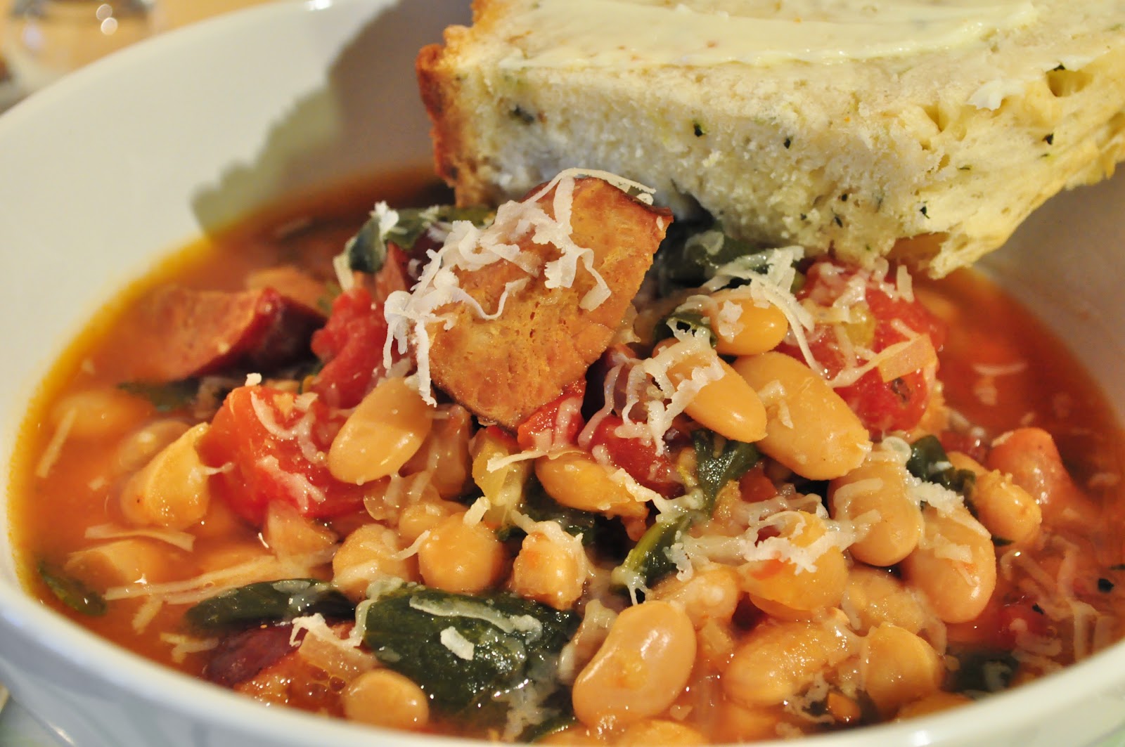 My Tiny Oven Slow Cooker White Bean Stew with Kielbasa, Tomatoes and