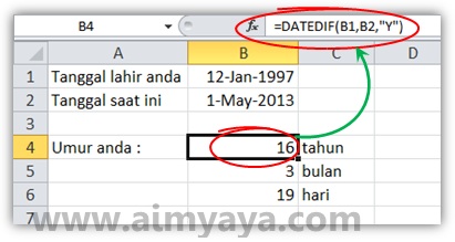  Gambar: Contoh menghitung umur seseorang (dalam tahun, bulan dan hari) di Microsoft Excel