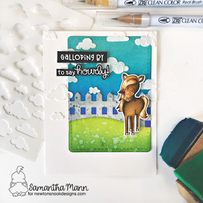 Galloping By to Say Howdy Card by Samantha Mann for Newton's Nook Designs, Horse, Distress Inks, Ink Blending, Die Cuts, Just Because, Cards, handmade cards, embossing paste, stencil #newtonsnook #cards #handmadecards #distressinks #Inkblending #horse #gallop