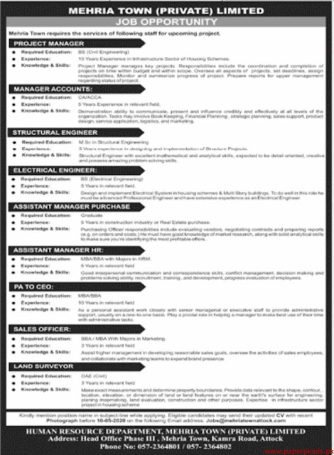 MEHRIA Town Private Limited Jobs 2020 MEHRIA Town Private Limited Jobs 2020