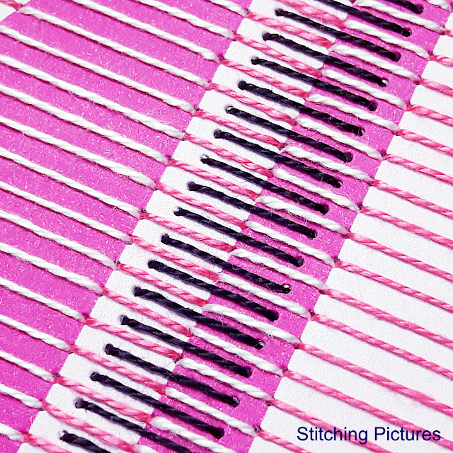 Close up of the stitch work on printed big pink leaf image. Paper embroidery big pink leaf pattern from Stitching Pictures.