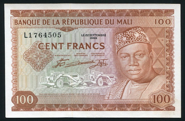 Mali currency money 100 Francs African banknotes President Modibo Keïta